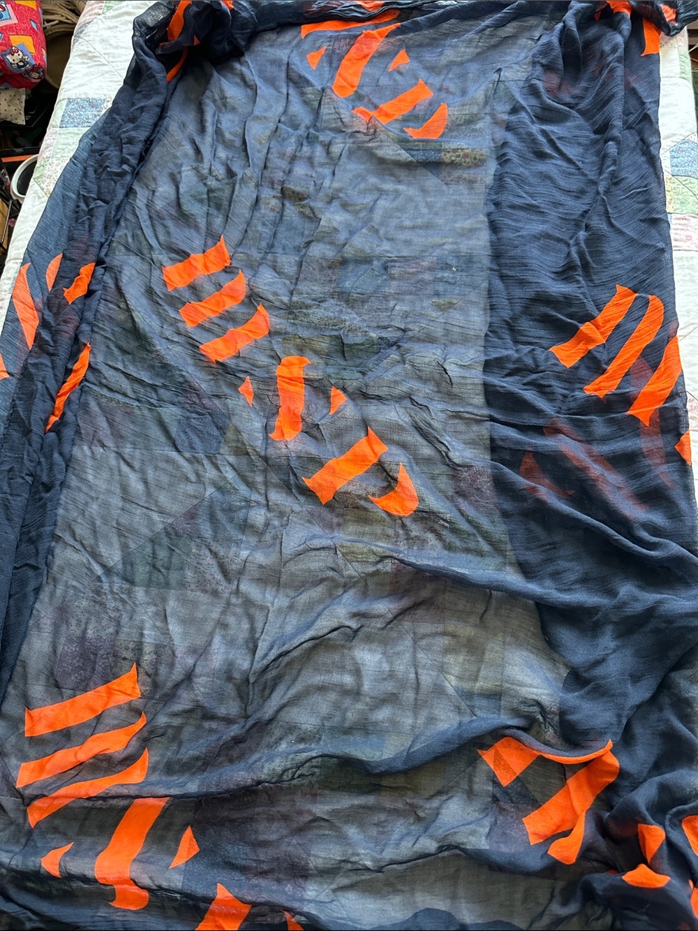 X—Marie Saint Pierre Navy Sheer Scarf with Orange Accents